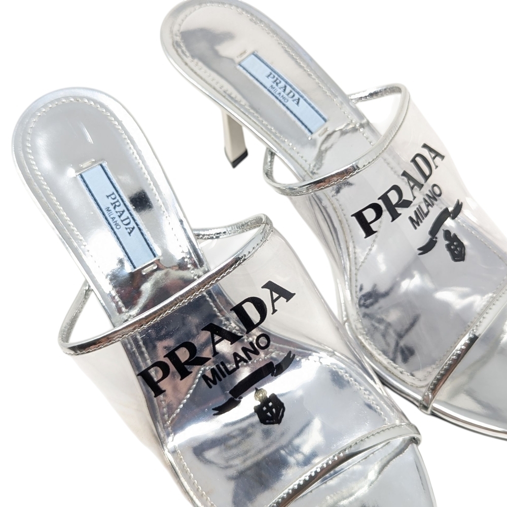 Prada PVC Pointed Plexiglass Metallic Triangle Logo Clear Sandal Mule Slides 38 - Picture 6 of 12